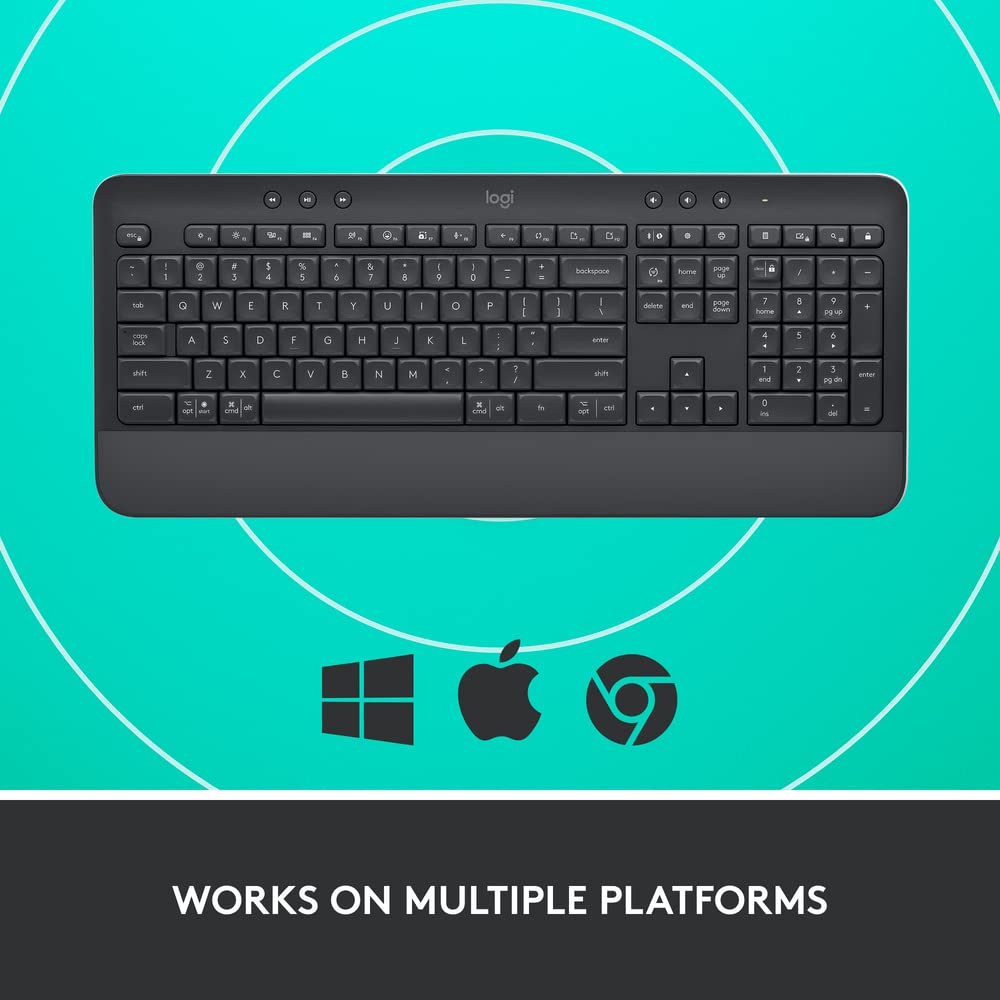 Logitech Signature K650 Wireless Keyboard with Wrist Rest, Full-Size, BLE Bluetooth or Logi Bolt USB Receiver, Comfort Deep-Cushioned Keys, Numpad, Compatible with Most OS/PC/Windows/Mac-Black