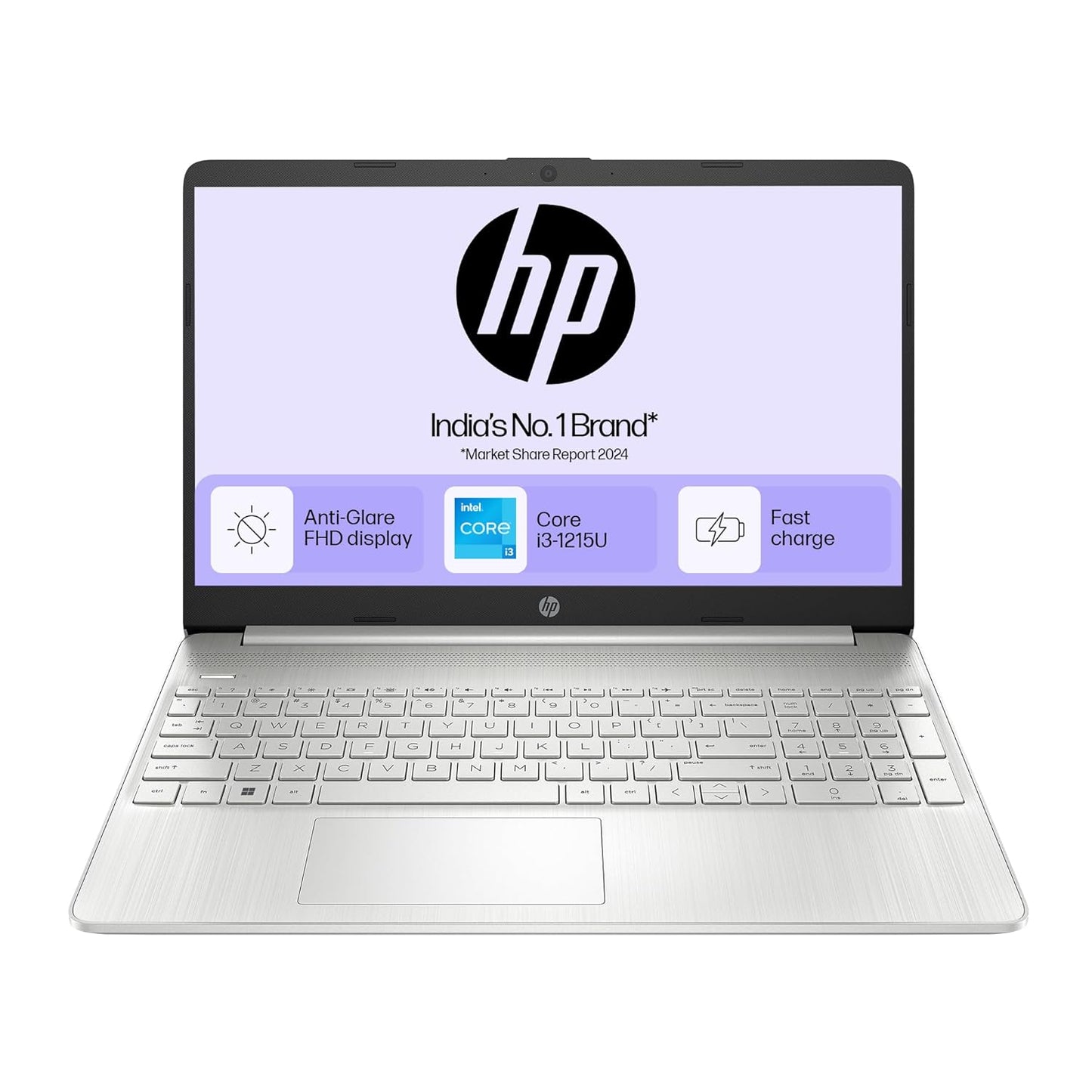 HP 15s, 12th Gen Intel Core i3-1215U, 8GB DDR4, 512GB SSD, (Win 11, Office 21, Silver, 1.69kg), Anti-Glare, 15.6-inch (39.6cm) FHD Laptop, Intel UHD Graphics, HD Camera, Dual Speakers, fy5011TU